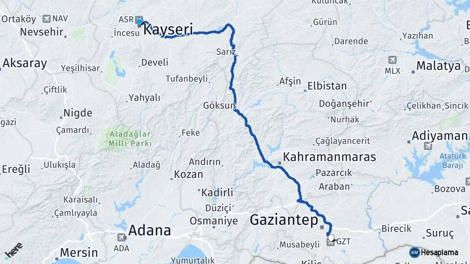 Kayseri Gaziantep Havalimanı Arası Kaç Km - Yol Haritası