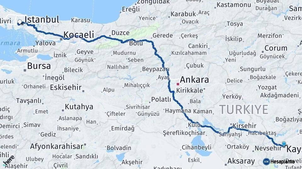 Kayseri Gaziosmanpaşa İstanbul Arası Kaç Km - Yol Haritası
