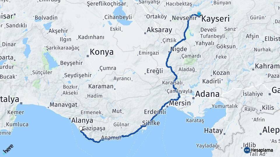 Kayseri Gazipaşa Antalya Arası Kaç Km - Yol Haritası
