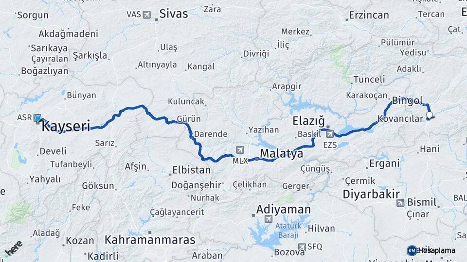 Kayseri Genç Bingöl Arası Kaç Km - Yol Haritası