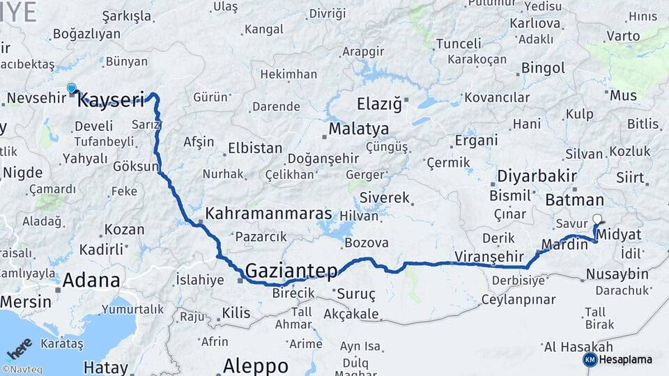 Kayseri Gercüş Batman Arası Kaç Km - Yol Haritası