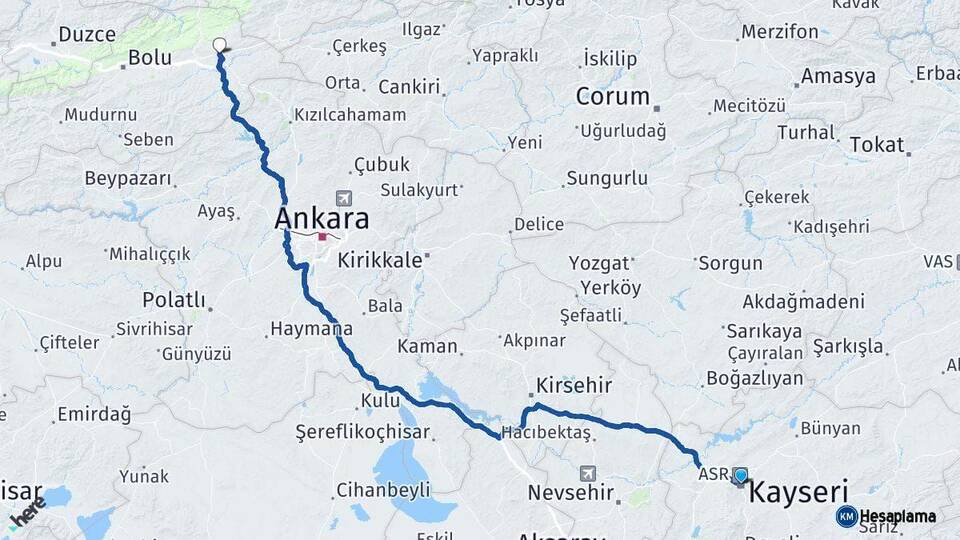 Kayseri Gerede Bolu Arası Kaç Km - Yol Haritası