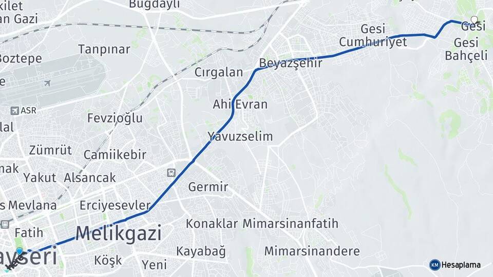 Kayseri Gesi Melikgazi Arası Kaç Km - Yol Haritası