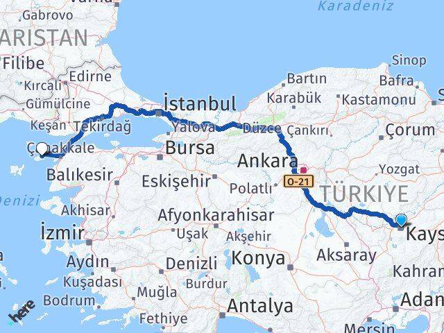Kayseri Gökçeada Çanakkale Arası Kaç Km - Yol Haritası