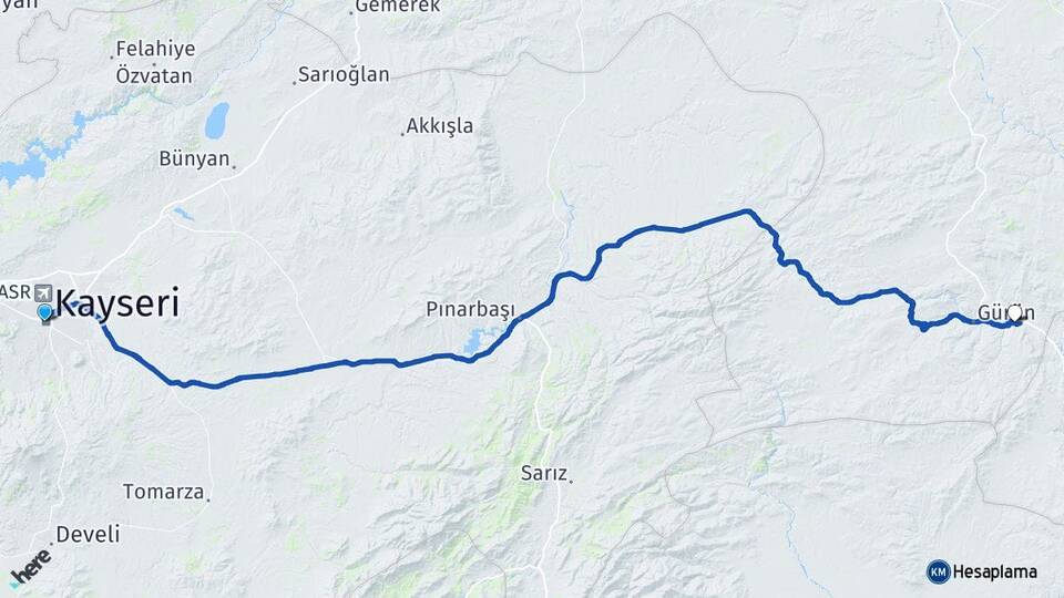 Kayseri Gökpınar Gürün Sivas Arası Kaç Km - Yol Haritası