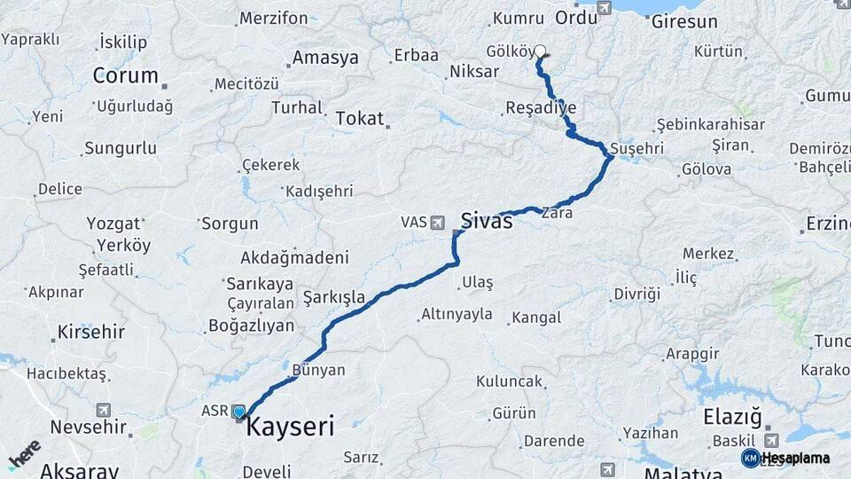 Kayseri Gölköy Ordu Arası Kaç Km - Yol Haritası
