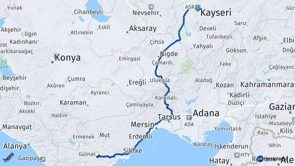 Kayseri Gülnar Mersin Arası Kaç Km - Yol Haritası