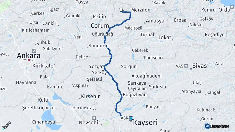 Kayseri Gümüşhacıköy Amasya Arası Kaç Km - Yol Haritası