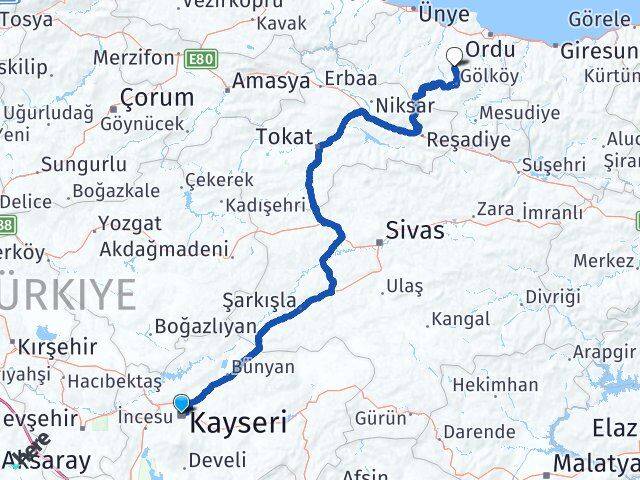 Kayseri Gürgentepe Ordu Arası Kaç Km - Yol Haritası
