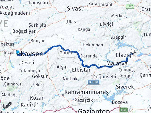 Kayseri Hacılar Elazığ Arası Kaç Km - Yol Haritası