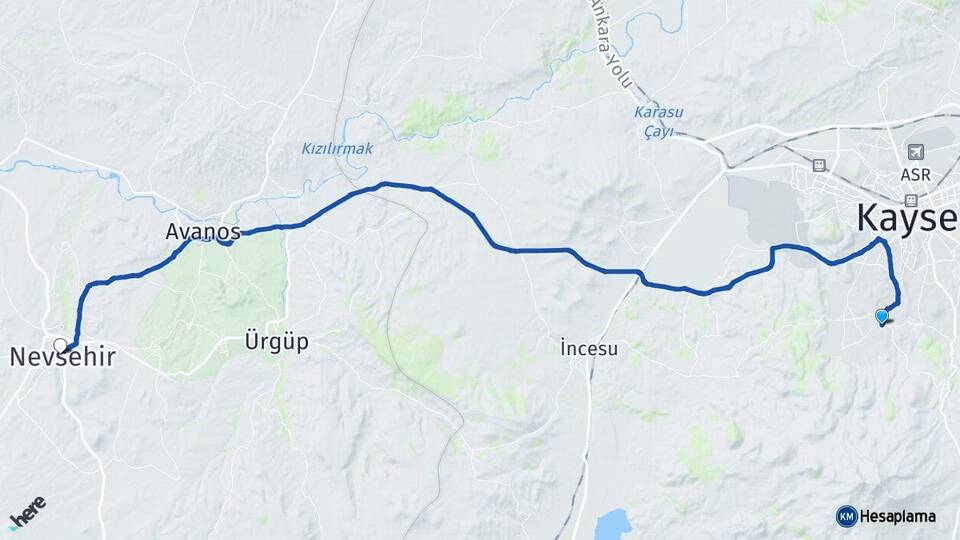 Kayseri Hacılar Nevşehir Arası Kaç Km - Yol Haritası