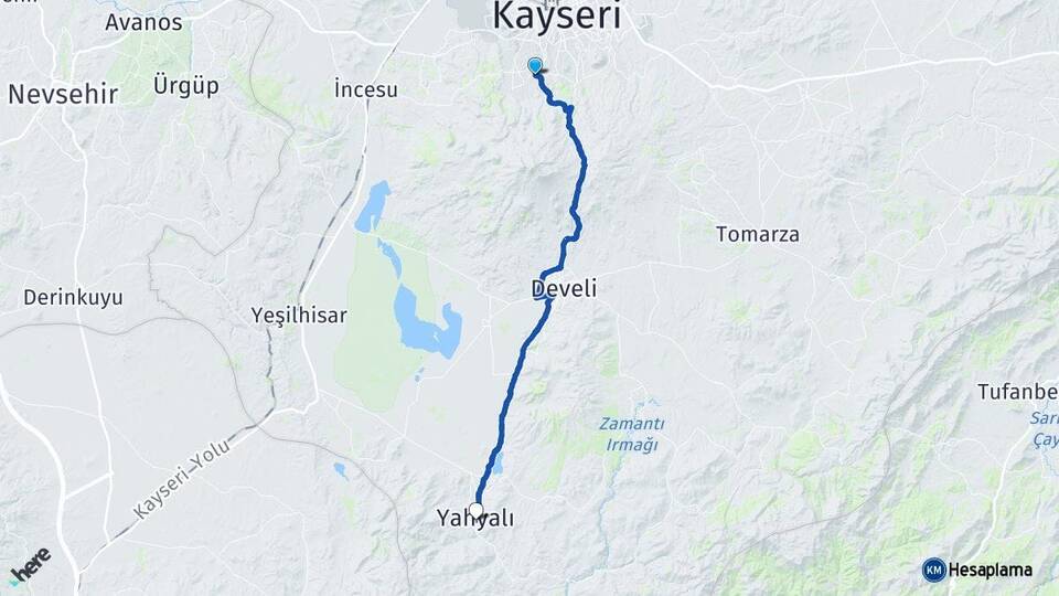 Kayseri Hacılar Yahyalı Arası Kaç Km - Yol Haritası