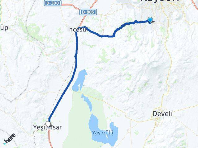 Kayseri Hacılar Yeşilhisar Arası Kaç Km - Yol Haritası