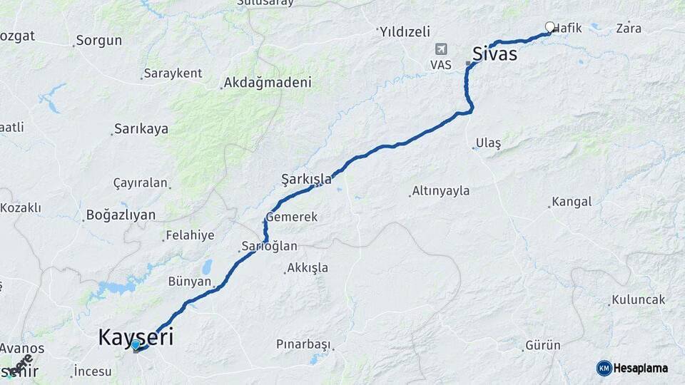 Kayseri Hafik Sivas Arası Kaç Km - Yol Haritası