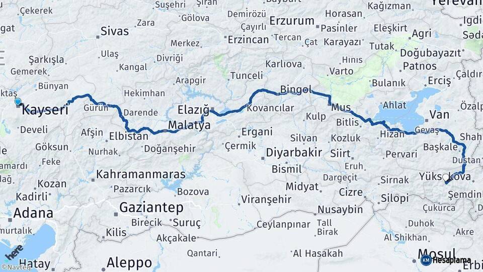 Kayseri Hakkari Arası Kaç Km - Yol Haritası