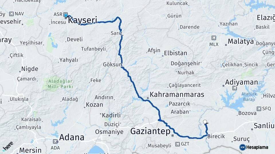 Kayseri Halfeti Şanlıurfa Arası Kaç Km - Yol Haritası