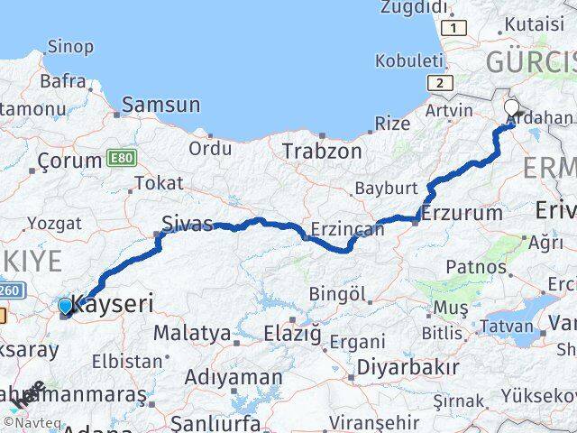 Kayseri Hanak Ardahan Arası Kaç Km - Yol Haritası