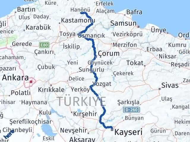Kayseri Hanönü Kastamonu Arası Kaç Km - Yol Haritası