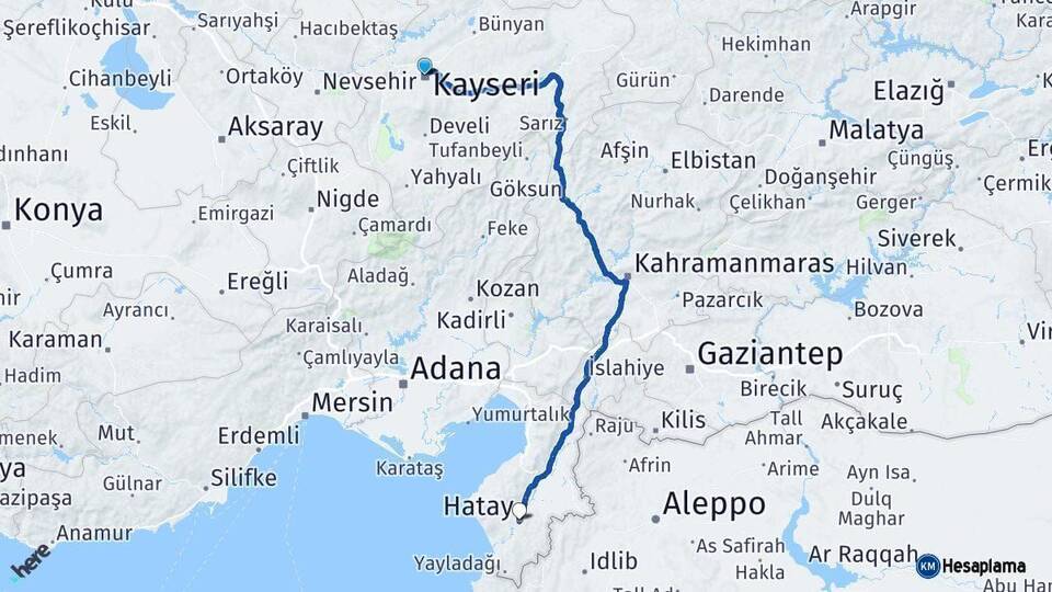 Kayseri Hatay Arası Kaç Km - Yol Haritası