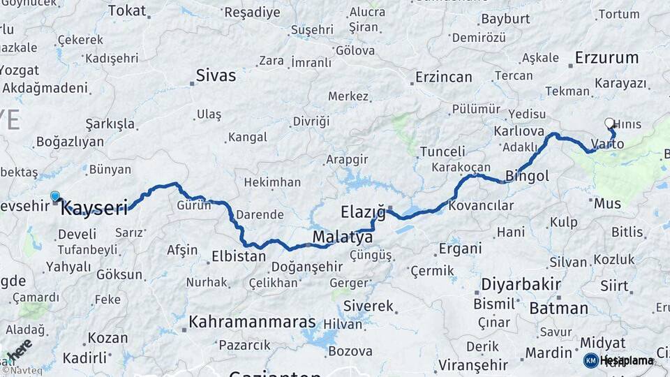 Kayseri Hınıs Erzurum Arası Kaç Km - Yol Haritası