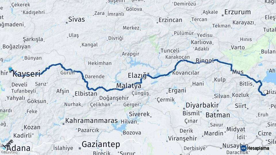 Kayseri Hizan Bitlis Arası Kaç Km - Yol Haritası