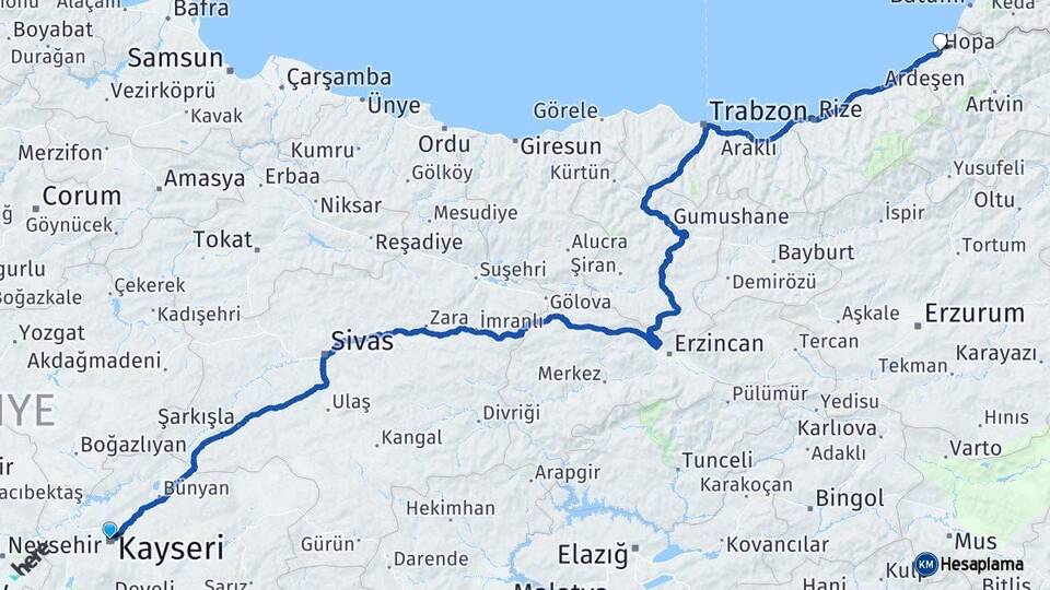 Kayseri Hopa Artvin Arası Kaç Km - Yol Haritası