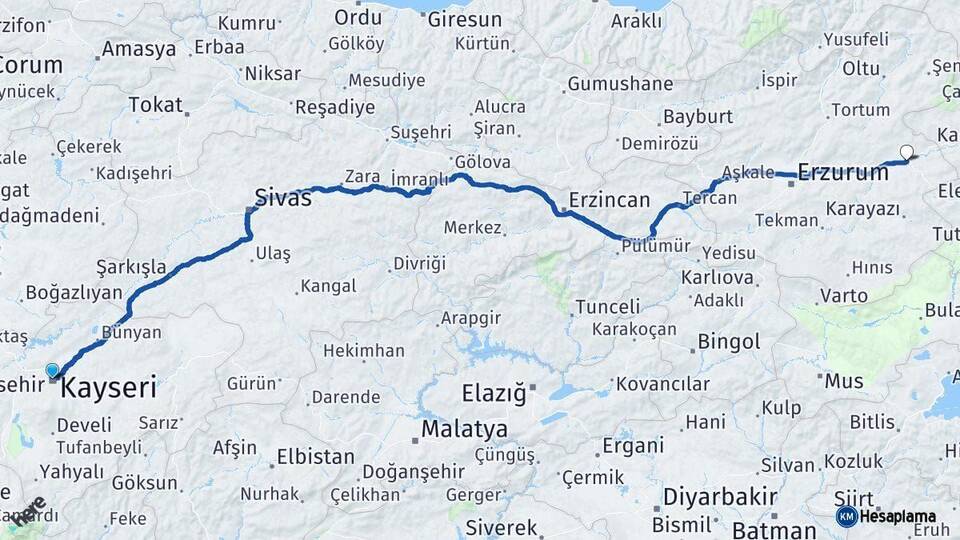 Kayseri Horasan Erzurum Arası Kaç Km - Yol Haritası