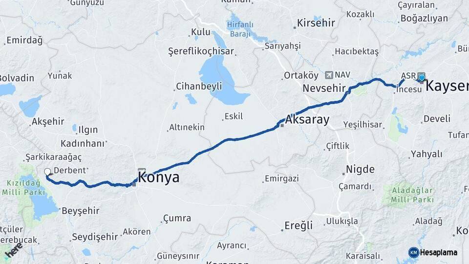 Kayseri Hüyük Konya Arası Kaç Km - Yol Haritası