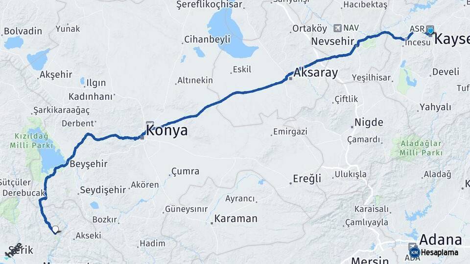 Kayseri İbradı Antalya Arası Kaç Km - Yol Haritası