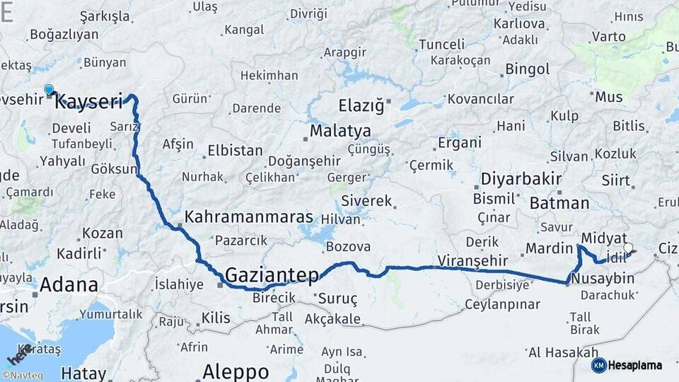 Kayseri İdil Şırnak Arası Kaç Km - Yol Haritası