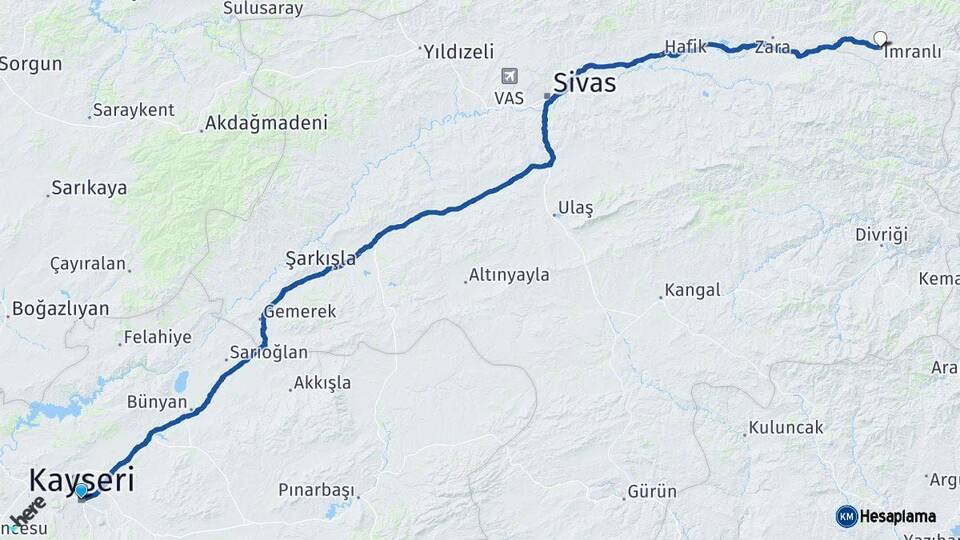 Kayseri İmranlı Sivas Arası Kaç Km - Yol Haritası