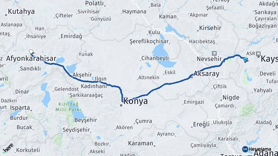 Kayseri İncesu Afyonkarahisar Arası Kaç Km - Yol Haritası