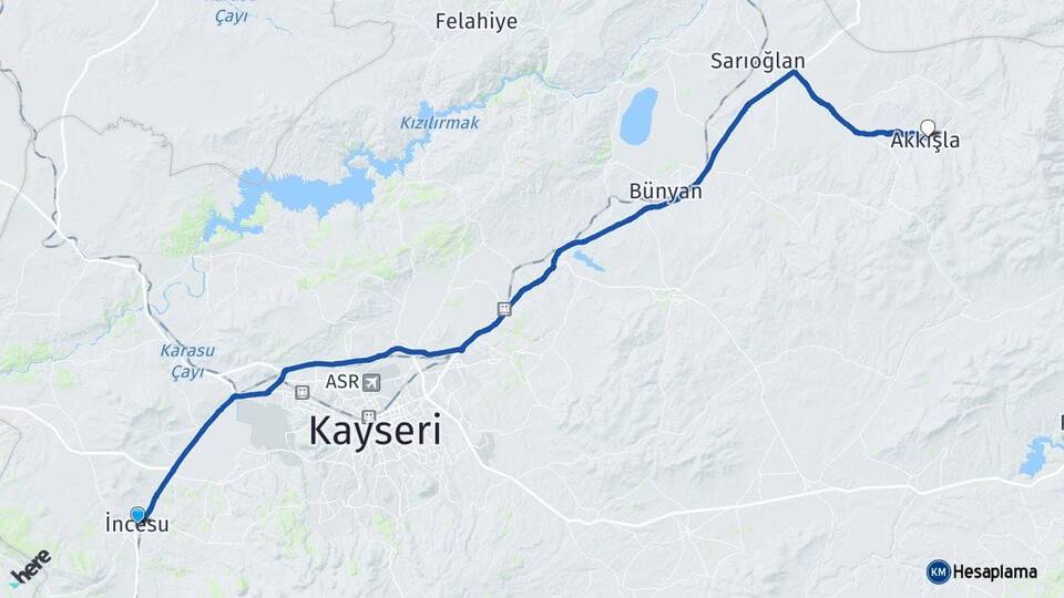 Kayseri İncesu Akkışla Arası Kaç Km - Yol Haritası