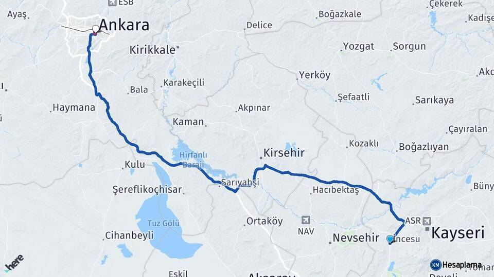 Kayseri İncesu Ankara Arası Kaç Km - Yol Haritası