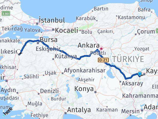 Kayseri İncesu Balıkesir Arası Kaç Km - Yol Haritası