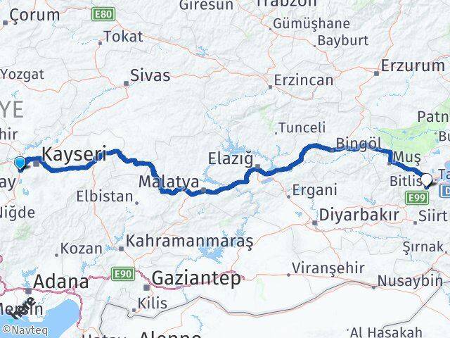 Kayseri İncesu Bitlis Arası Kaç Km - Yol Haritası