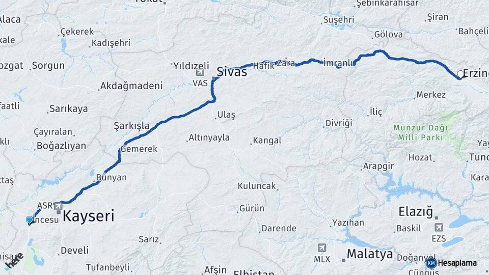 Kayseri İncesu Erzincan Arası Kaç Km - Yol Haritası