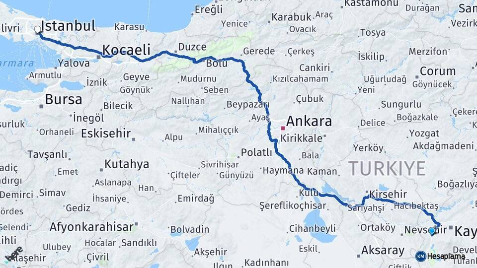 Kayseri İncesu İstanbul Arası Kaç Km - Yol Haritası