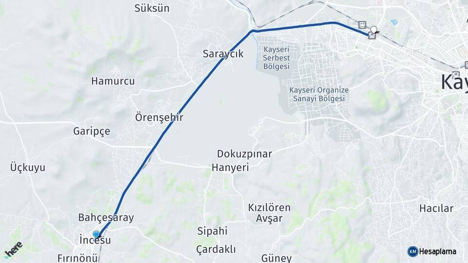İncesu Kayseri Otogarı Arası Kaç Km - Yol Tarifi