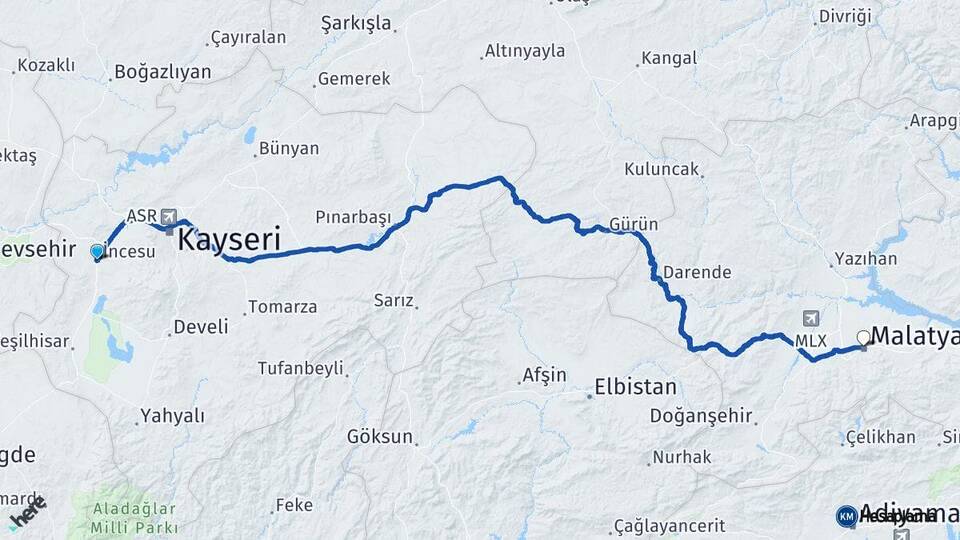 Kayseri İncesu Malatya Arası Kaç Km - Yol Haritası