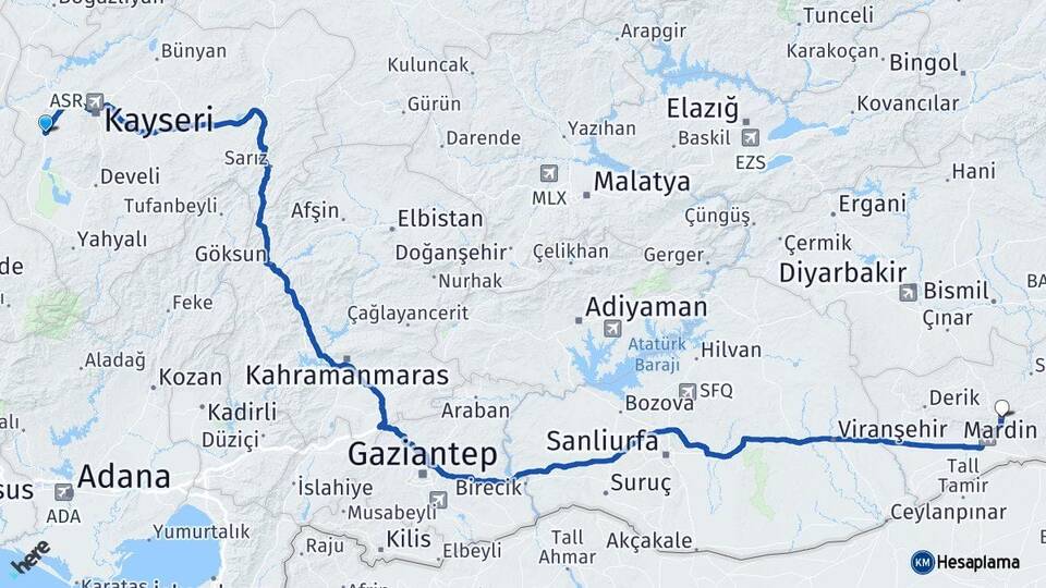 Kayseri İncesu Mardin Arası Kaç Km - Yol Haritası