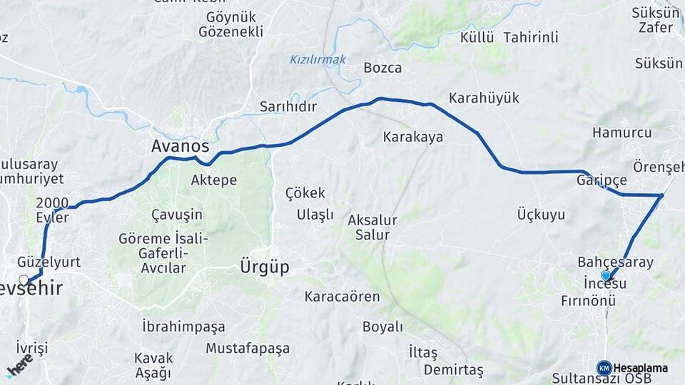Kayseri İncesu Nevşehir Arası Kaç Km - Yol Haritası