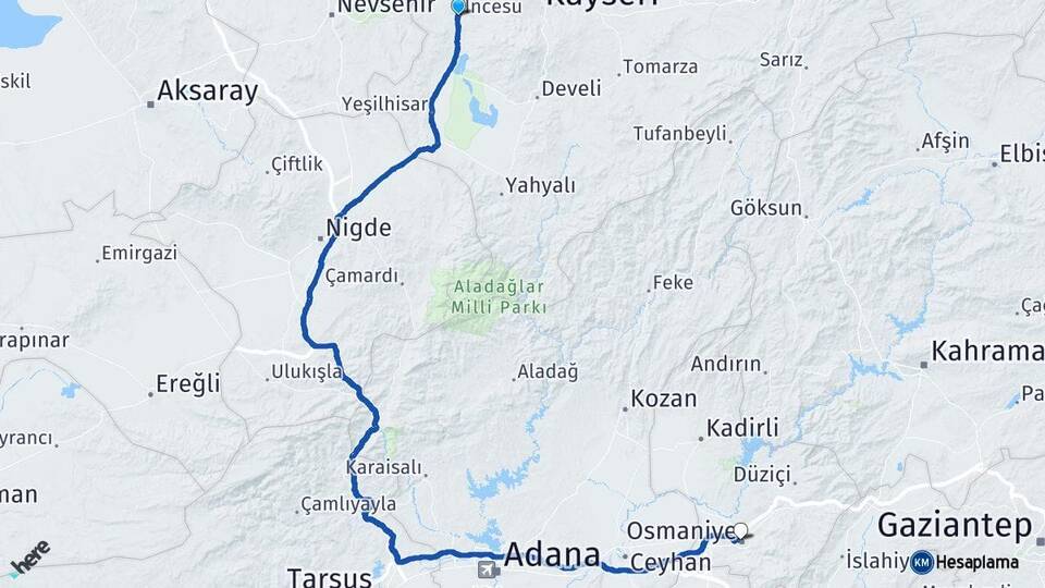 Kayseri İncesu Osmaniye Arası Kaç Km - Yol Haritası