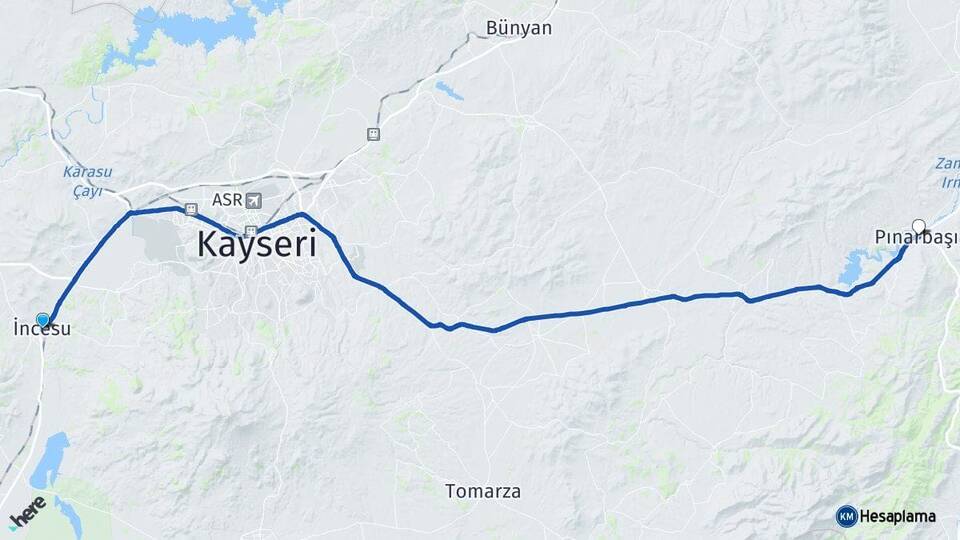 Kayseri İncesu Pınarbaşı Arası Kaç Km - Yol Haritası