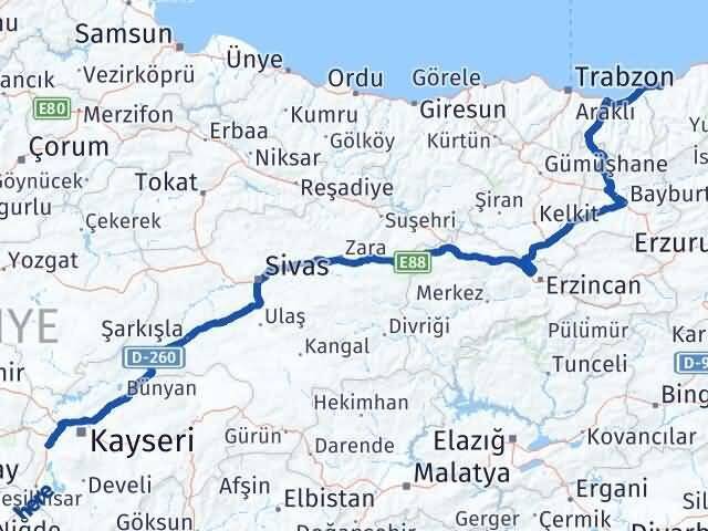 Kayseri İncesu Rize Arası Kaç Km - Yol Haritası