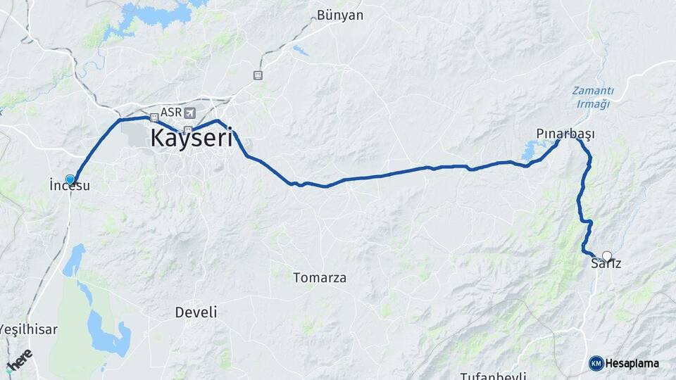 Kayseri İncesu Sarız Arası Kaç Km - Yol Haritası