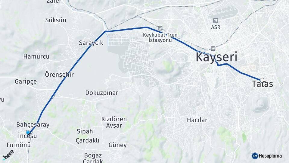 Kayseri İncesu Talas Arası Kaç Km - Yol Haritası