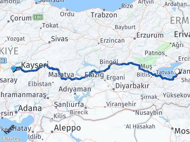 Kayseri İncesu Van Arası Kaç Km - Yol Haritası