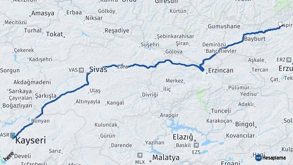 Kayseri İspir Erzurum Arası Kaç Km - Yol Haritası