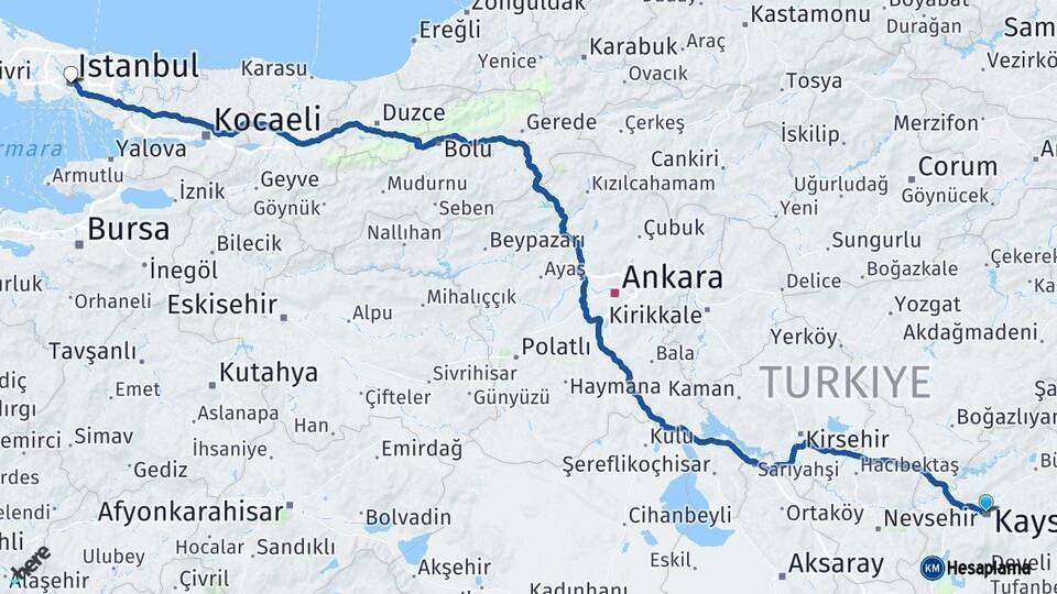 Kayseri İstanbul Arası Kaç Km - Yol Haritası